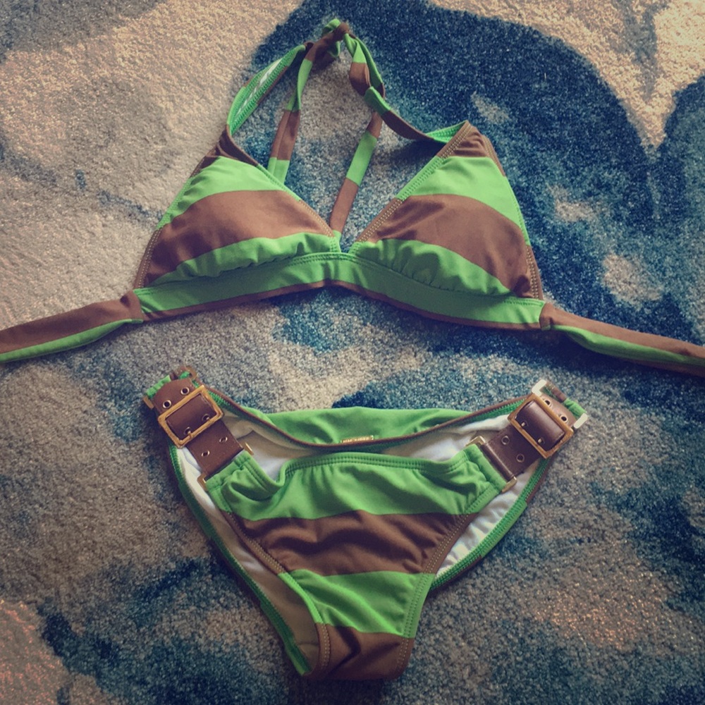 Green and Brown Stripe Bikini w/ Belt adjustments